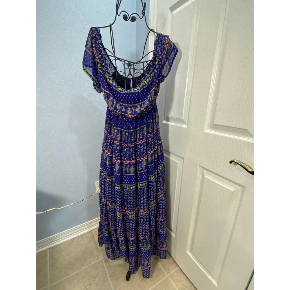 NWT Fun & Flirt Blue Paisley Print Boho Maxi Dress Cap Sleeve Elasticized XS - Picture 6 of 6